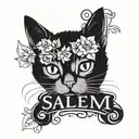 vertical name "salem" with leaves flower petals a black cat tattoo design idea