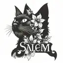 vertical name "salem" with leaves flower petals a black cat tattoo design idea