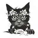 vertical name "salem" with leaves flower petals a black cat tattoo design idea