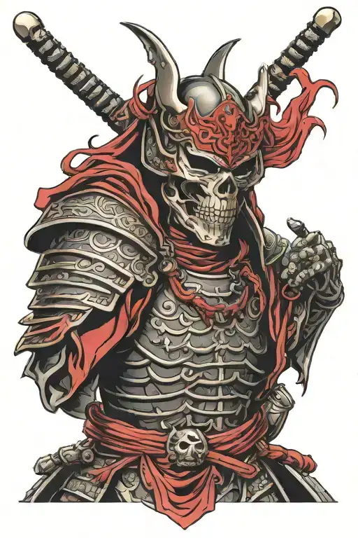 skull face samurai with red and black armour tattoo design idea
