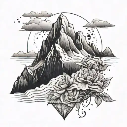 A dotwork tattoo of a mountain peak with a trail of climbing roses leading to the summit tattoo design idea