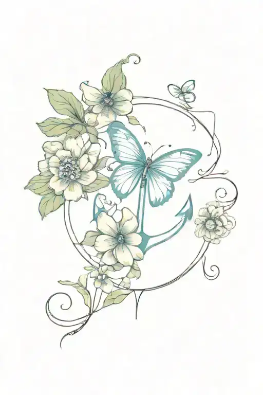 birth month flowers , September, April, May, June . and anchor with a shamrock center. a blue butterfly flying over.  tattoo design idea