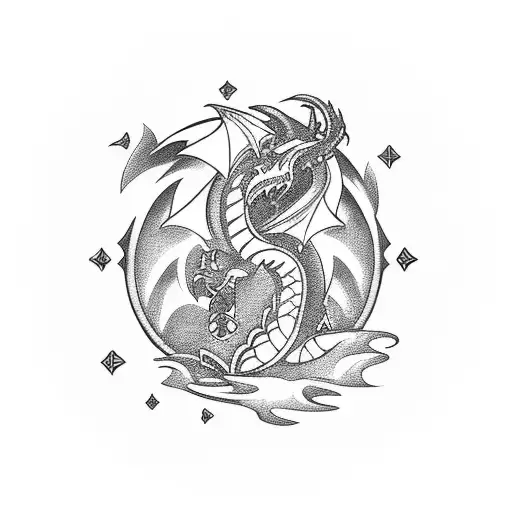 A fierce dragon protecting a treasure chest tattoo design idea
