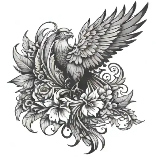 pheonix with flowers for tail feathers tattoo design idea