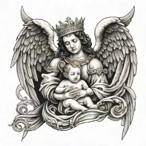 king saving angel and the angel holding baby  tattoo design idea