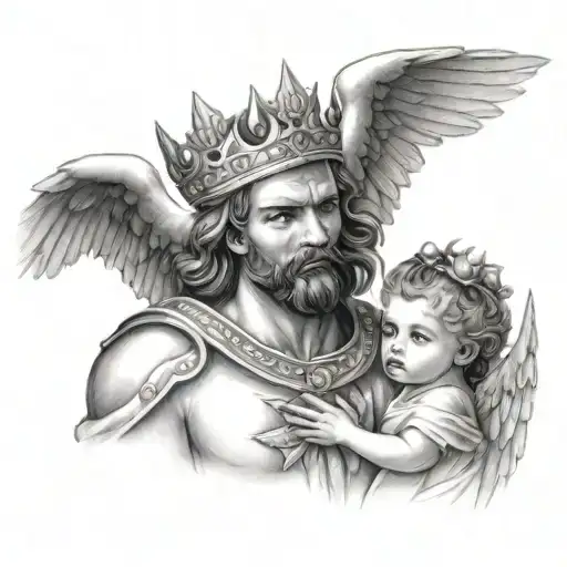 the king and angel holding a baby girl  tattoo design idea