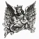 king saving angel and the angel holding baby  tattoo design idea