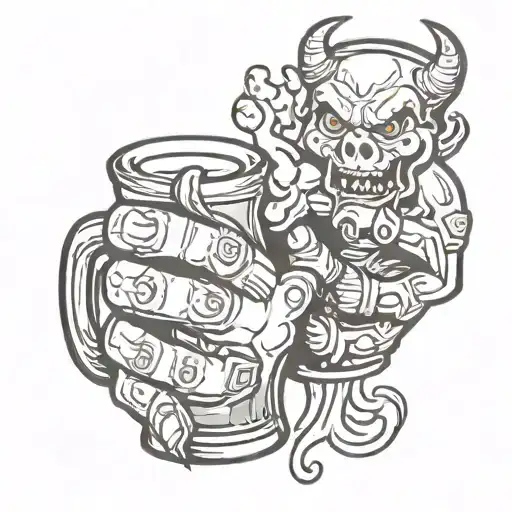 tattoo in old school style. The devil's hand offers a mug of beer to another hand, which refuses with a gesture tattoo design idea
