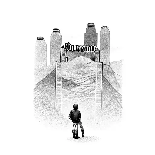 a young king standing infront of the Hollywood sign with an 8 as the two O's in wood  tattoo design idea