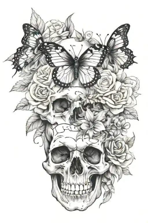 skull flowers wrapped loosely with a butterfly and mushrooms  tattoo design idea