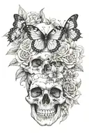 skull flowers wrapped loosely with a butterfly and mushrooms  tattoo design idea
