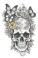 skull flowers wrapped loosely with a butterfly and mushrooms  tattoo design idea