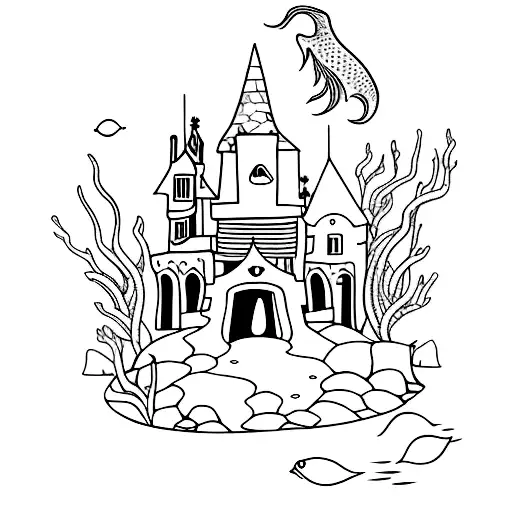 underwater goth mermaid castle, fish, seaweed tattoo design idea