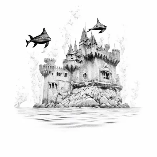 underwater goth castle, black and white, with a body floating, a shark tattoo design idea