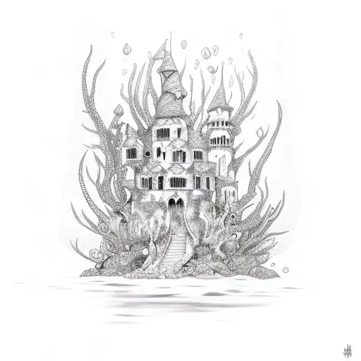 underwater goth mermaid castle, fish, seaweed tattoo design idea