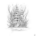 underwater goth mermaid castle, fish, seaweed tattoo design idea
