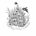 underwater goth mermaid castle, fish, seaweed tattoo design idea