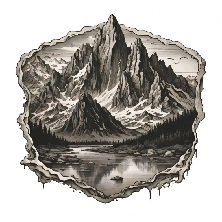 mountain surrounded by receding water tattoo design idea