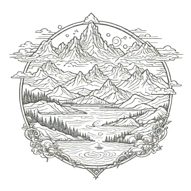 mountain range at dawn  surrounded by receding  flood waters tattoo design idea