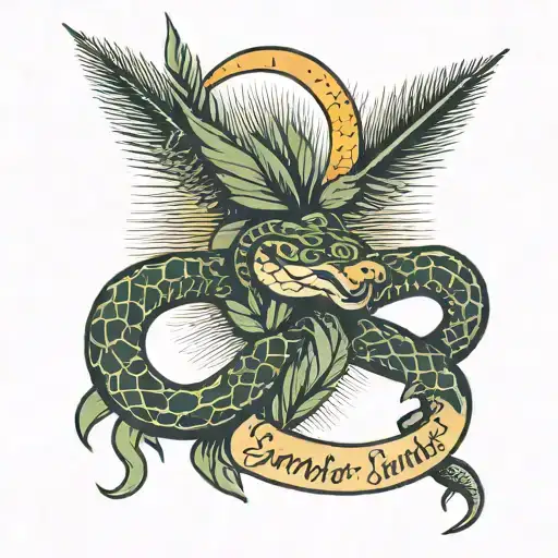 snake in hand with palm trees & script saying "Sunny Coast Serpents" tattoo design idea