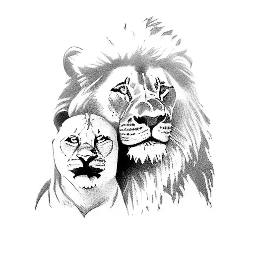 A silhouette of a mother  holding hands with her daughter and son with a lion behind and a menningful verse tattoo design idea