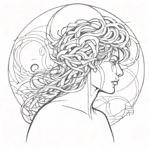 A sketch style tattoo of a person lost in thought, surrounded by swirling patterns and abstract shapes, reflecting the client's passion for art and overthinking tattoo design idea