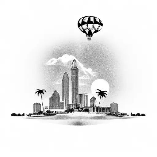 Scarface world is yours blimp with Miami skyline and money  tattoo design idea