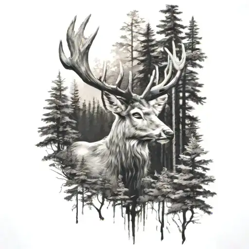 deer and forest tattoo design idea