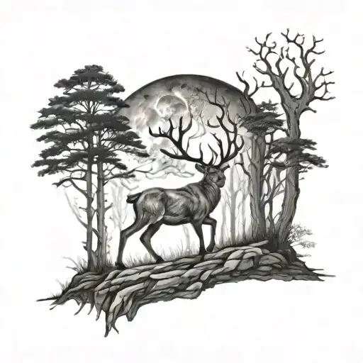 deer forest dark moon tattoo design idea