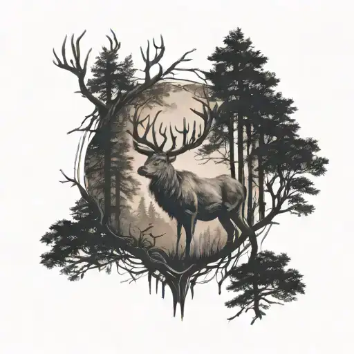 deer in a forest with a dark and mysterious style tattoo design idea