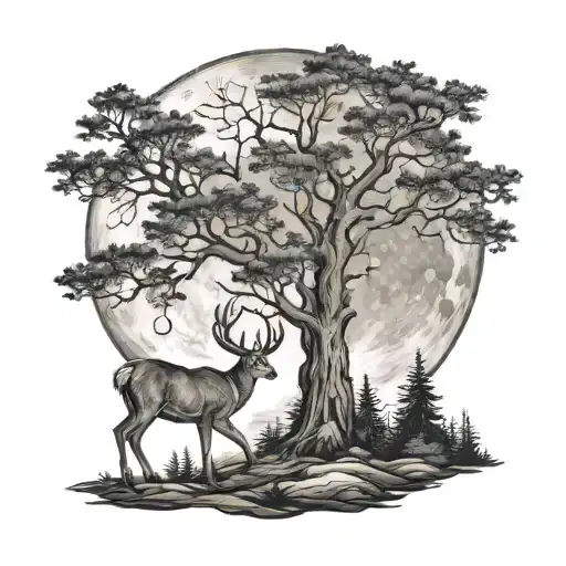 deer forest moon tattoo design idea