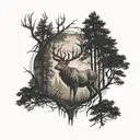 deer in a forest with a dark and mysterious style tattoo design idea