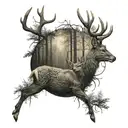 deer in a forest with a dark and mysterious style tattoo design idea