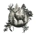 deer in a forest with a dark and mysterious style tattoo design idea