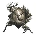 deer in a forest with a dark and mysterious style tattoo design idea