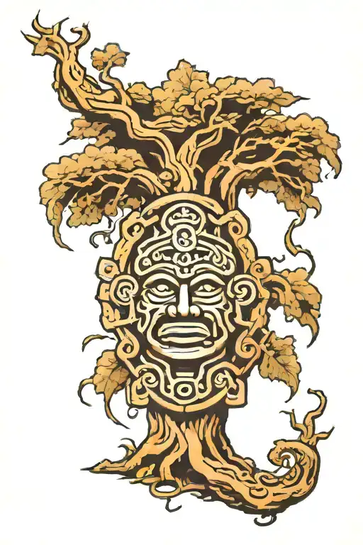 A sculpted amulet with three levels, Mayan-style. In the bottom there is a tree with roots penetrating the ground tattoo design idea