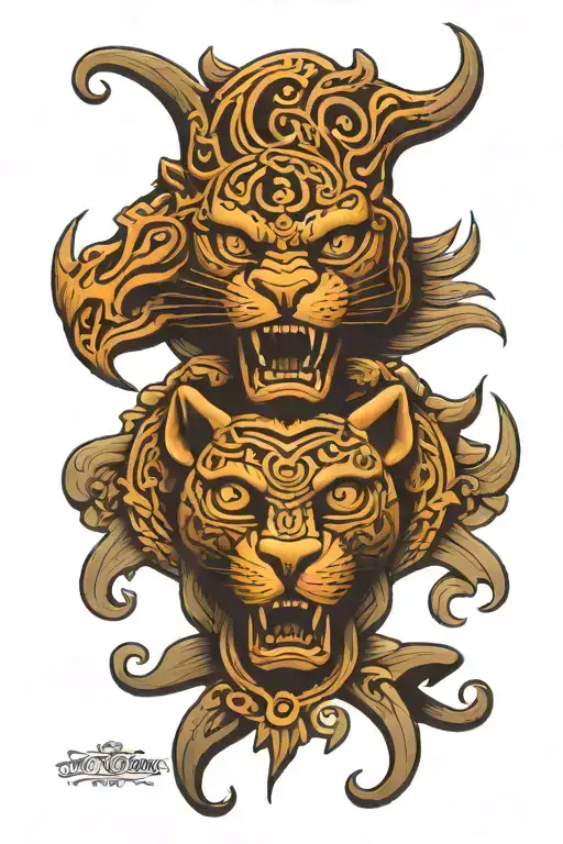 A sculpted amulet with three levels. Middle level is a mayan style jaguar head, in the top there is an ancient torch tattoo design idea