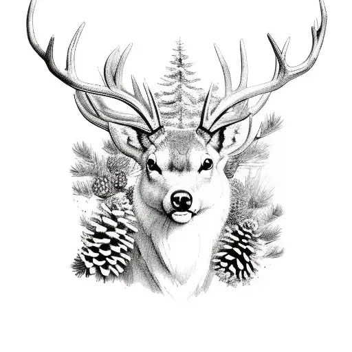 buck head with pinecones and other woodland botanicals surrounding it tattoo design idea