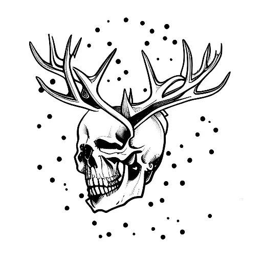 a half skull half normal buck head with pinecones and other woodland botanicals surrounding it tattoo design idea