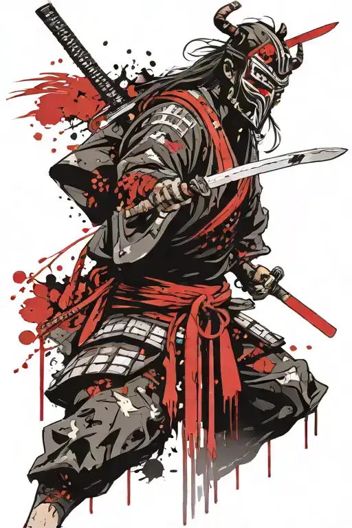 Samurai with katana in mask with blank face tattoo design idea