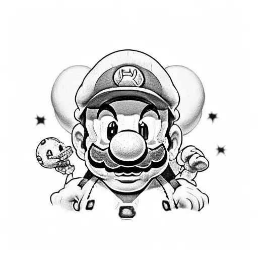 give me a mario them tattoo with mario luigi bowser toad lucky box star mushroom king boo dry bones yoshi shy guy  tattoo design idea