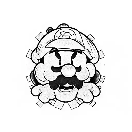 give me a mario them tattoo with mario luigi bowser toad lucky box star mushroom king boo dry bones yoshi shy guy  tattoo design idea