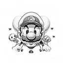 give me a mario them tattoo with mario luigi bowser toad lucky box star mushroom king boo dry bones yoshi shy guy  tattoo design idea