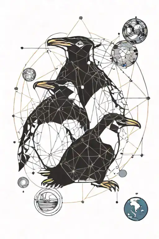 two penguins and space with planets tattoo design idea