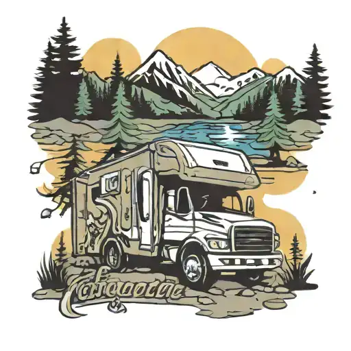 camping and semi truck tattoo design idea