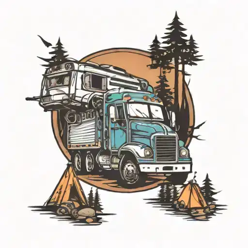 semi truck and camping tattoo design idea