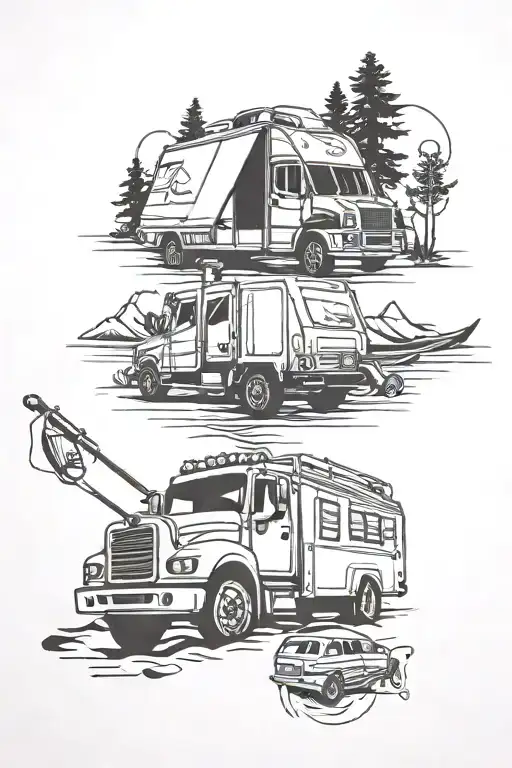 semi truck and camping fishing rod tattoo design idea