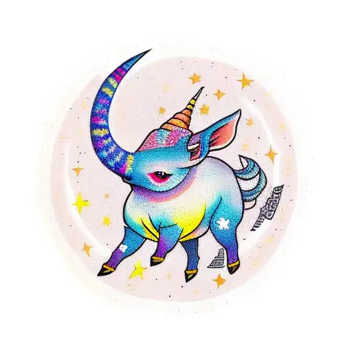 una cabra rampante con tres estrellas encima de ella, una copa a sus pies y el sol argentino detrás de ella tattoo design idea