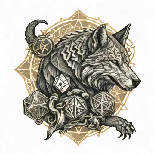 An intricate design of a dungeon master surrounded by Dnd dice, with a wolf and scorpion symbolizing different characters in the game, and a sun shining above tattoo design idea