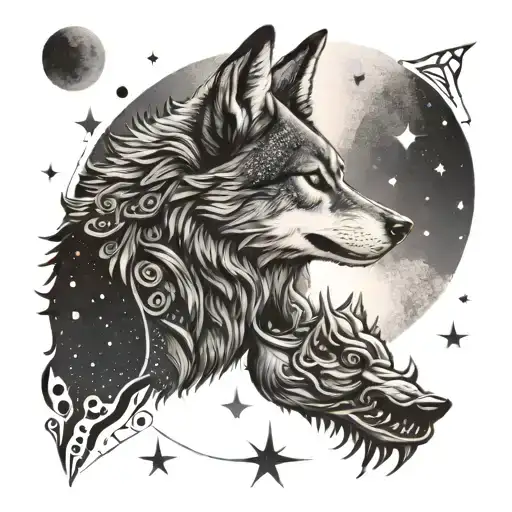 A cosmic scene with a wolf howling at the moon while a scorpion holds the sun in dotwork style tattoo design idea